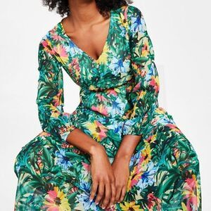 Women's Floral-Print Long-Sleeve V-Neck Maxi Dress